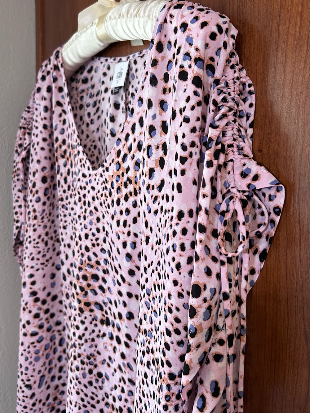 CAbi Pink Leopard Print Short Sleeve Blouse with Ruched Tie Sleeves